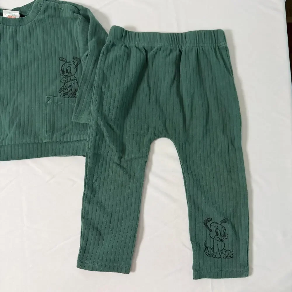 Disney Baby Mickey & Friends Green Ribbed Neutral Matching Set Sz 18 mo